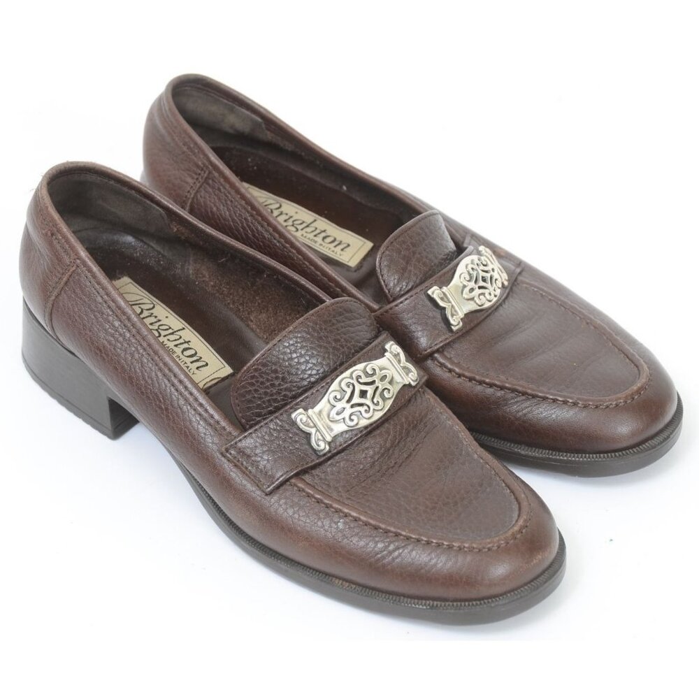 Brighton Womens 7M Brown Leather Preppy Loafers Silver Concho Low Heel work Shoe